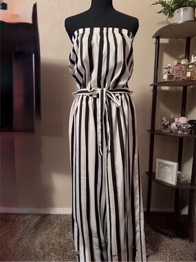 Blush Strapless Black and White Vertical Stripe Maxi Dress